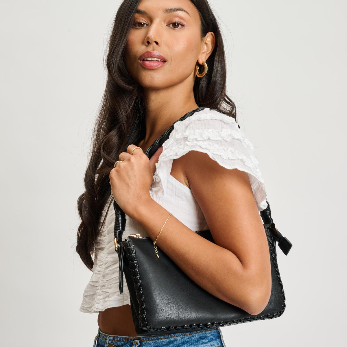 Woman wearing Black Moda Luxe Velveta Crossbody 842017135357 View 3 | Black