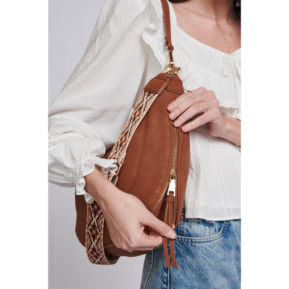 Woman wearing Cognac Moda Luxe Ruby Hobo 842017129370 View 2 | Cognac