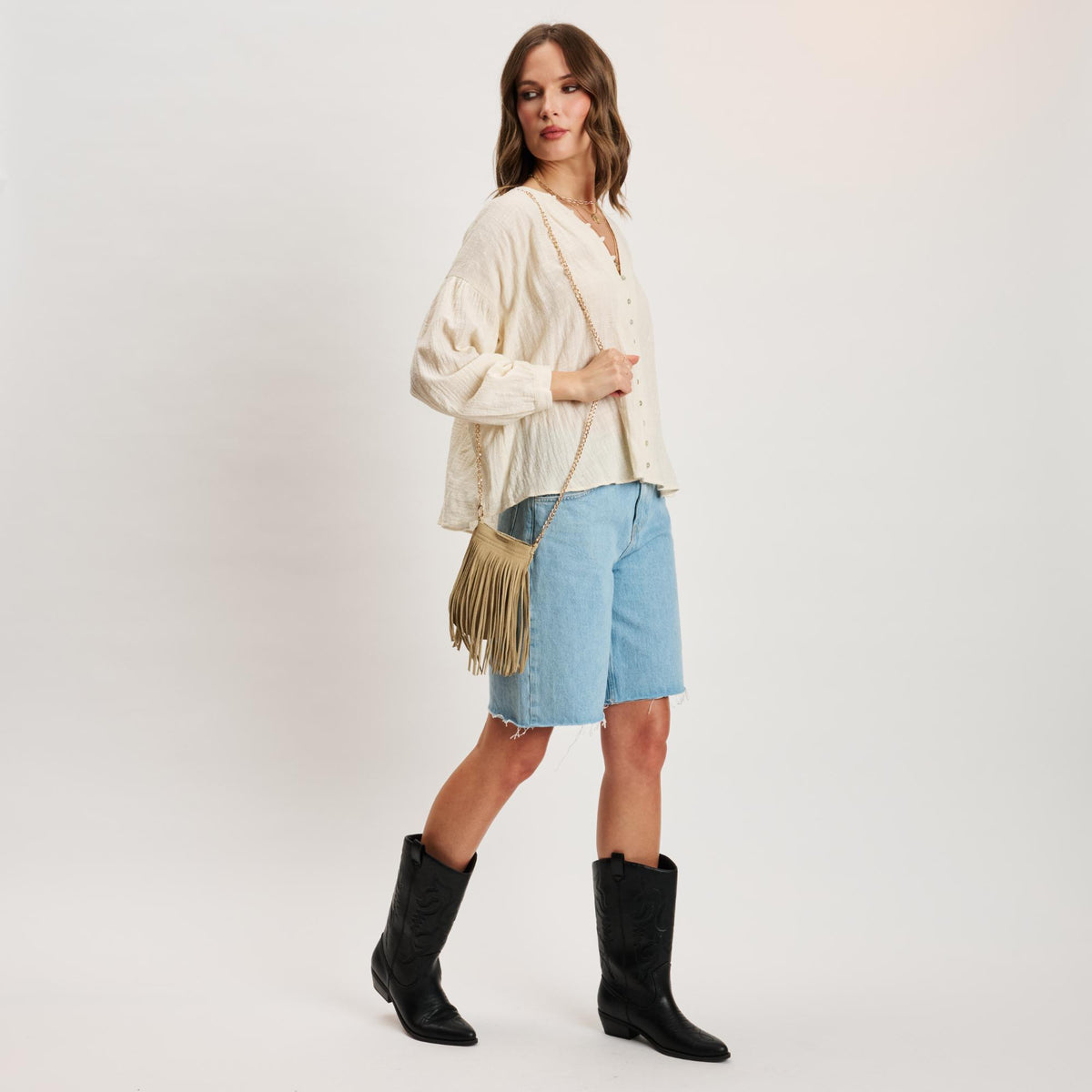 Woman wearing Custard Moda Luxe River Evening Bag 842017140542 View 4 | Custard