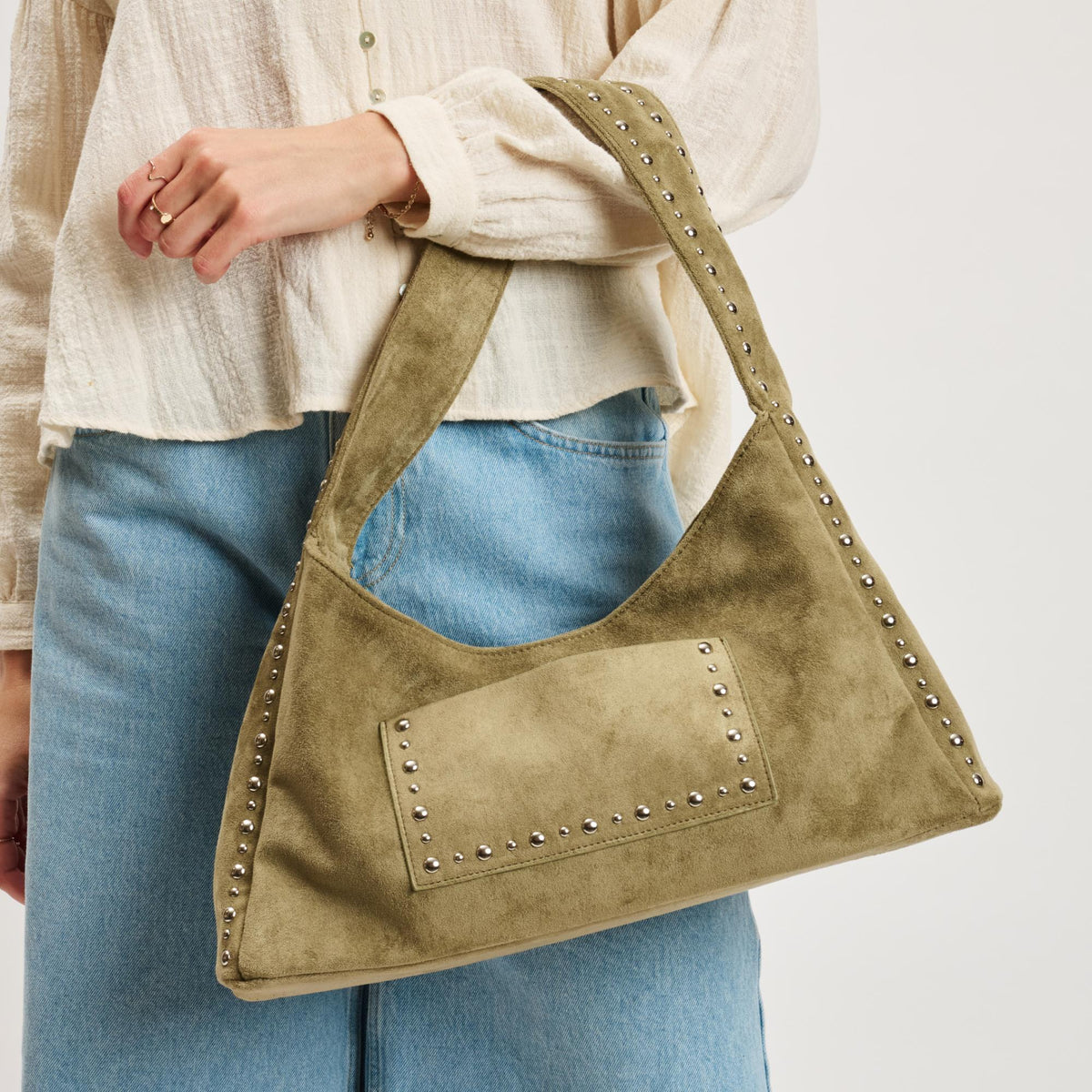 Woman wearing Sage Moda Luxe Dahlia Hobo 842017140641 View 2 | Sage