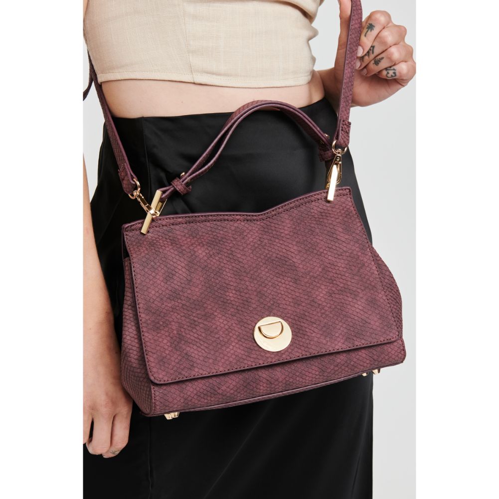 Woman wearing Oxblood Moda Luxe Camila Snake Satchel 842017121633 View 2 | Oxblood