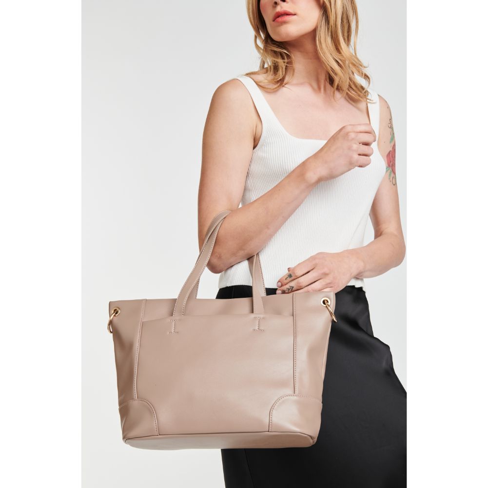 Woman wearing Mushroom Moda Luxe Becka Tote 842017126560 View 1 | Mushroom
