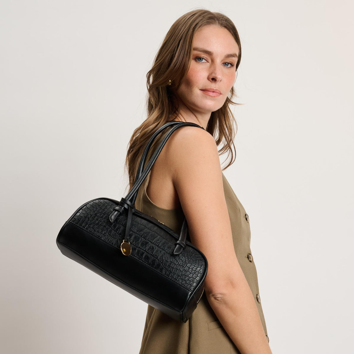 Woman wearing Black Moda Luxe Paloma - Croco Shoulder Bag 842017140399 View 1 | Black