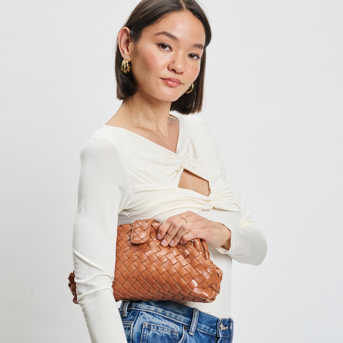 Woman wearing Tan Moda Luxe GiGi Crossbody 842017139614 View 3 | Tan