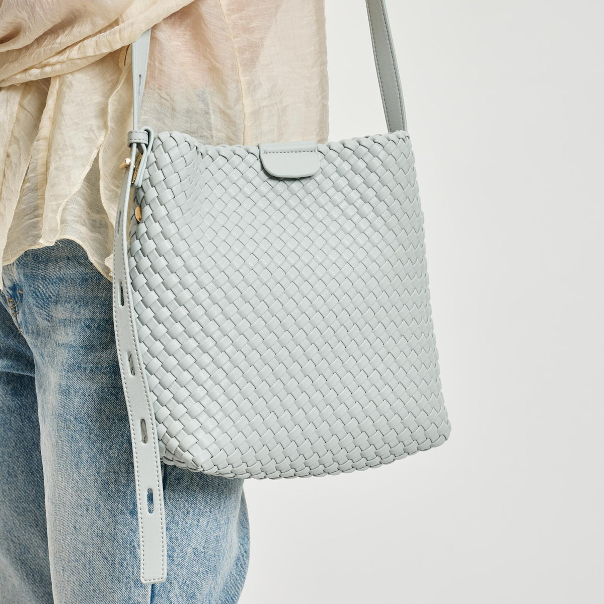 Woman wearing Ice Blue Moda Luxe Isadora Bucket 842017137344 View 4 | Ice Blue