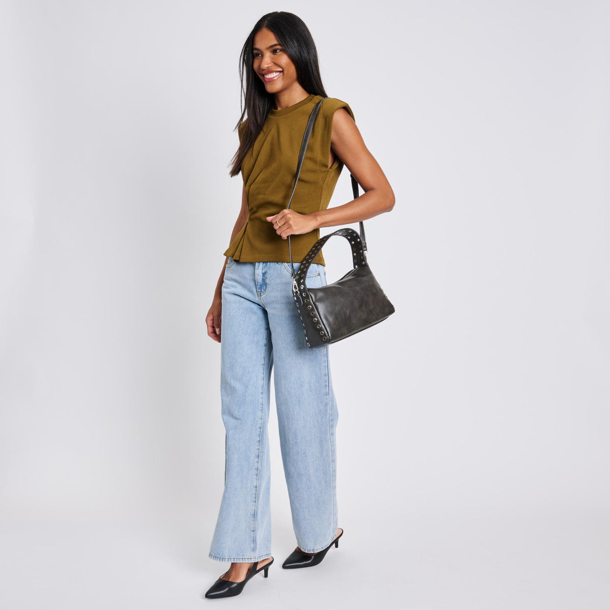 Woman wearing Gunmetal Moda Luxe Jane Clutch 842017136743 View 3 | Gunmetal