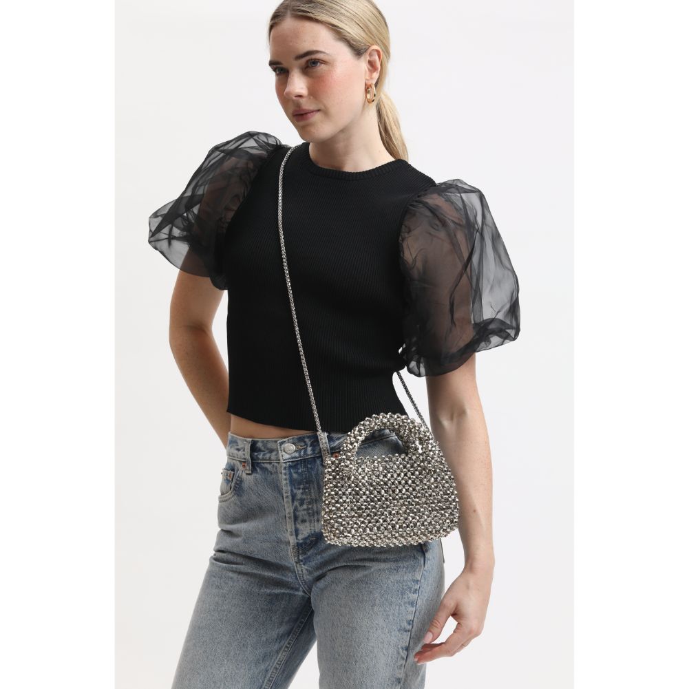 Woman wearing Silver Moda Luxe Kora Crossbody 842017134077 View 1 | Silver