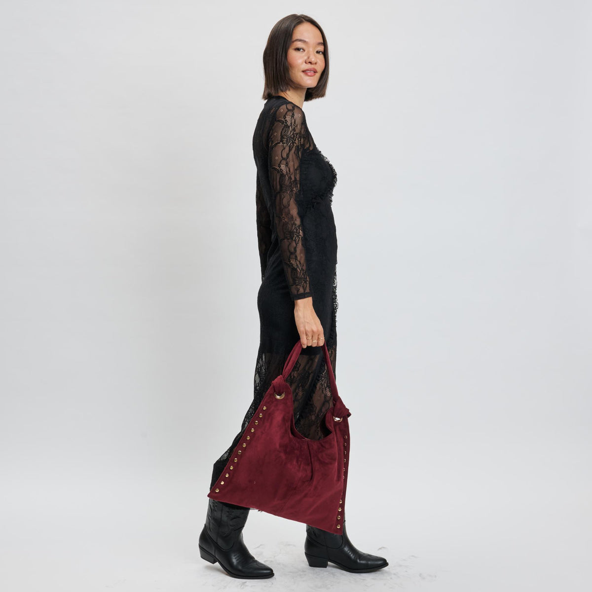 Woman wearing Wine Moda Luxe Meadow Hobo 842017139966 View 3 | Wine