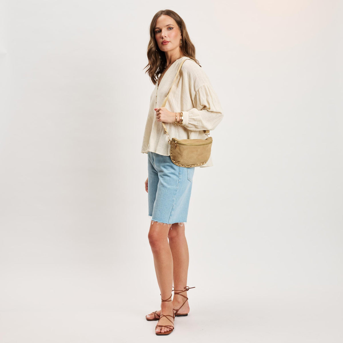 Woman wearing Custard Moda Luxe Gizelle-Suede Belt Bag 842017141471 View 4 | Custard