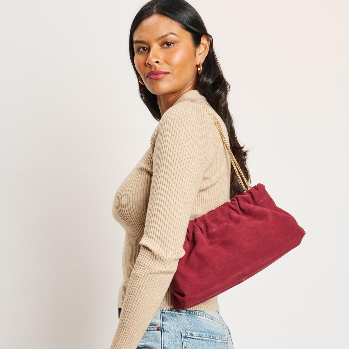 Woman wearing Wine Moda Luxe Penelope Shoulder Bag 842017139133 View 1 | Wine