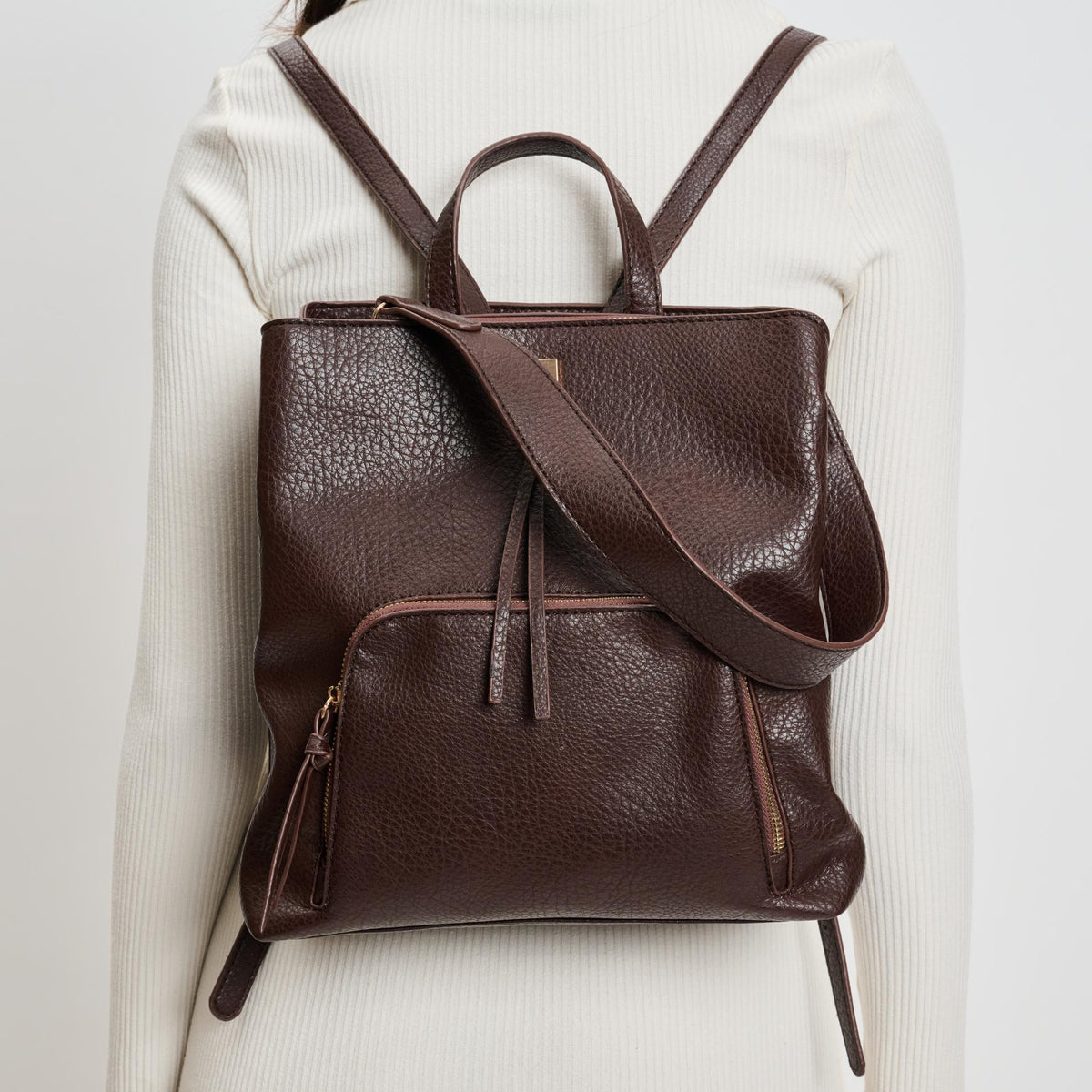 Woman wearing Espresso Moda Luxe Genevieve Backpack 842017136095 View 4 | Espresso