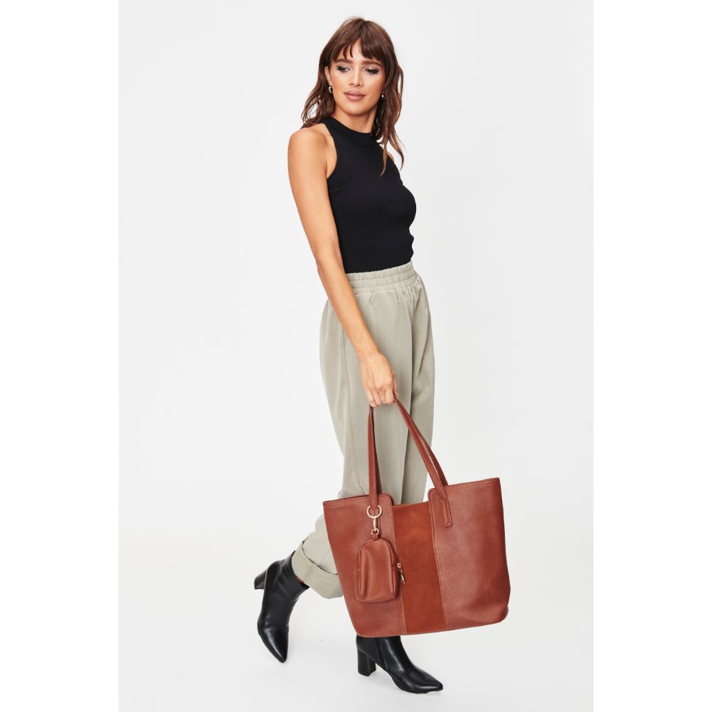 Woman wearing Cognac Moda Luxe Millie Tote 842017128663 View 3 | Cognac