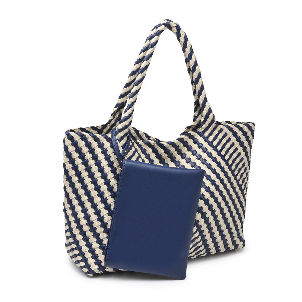 Woman wearing Navy Ivory Moda Luxe Solana - Mixed Material Tote 842017135791 View 6 | Navy Ivory