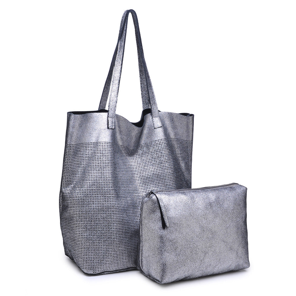 Woman wearing Pewter Moda Luxe Stella Tote 842017108399 View 2 | Pewter