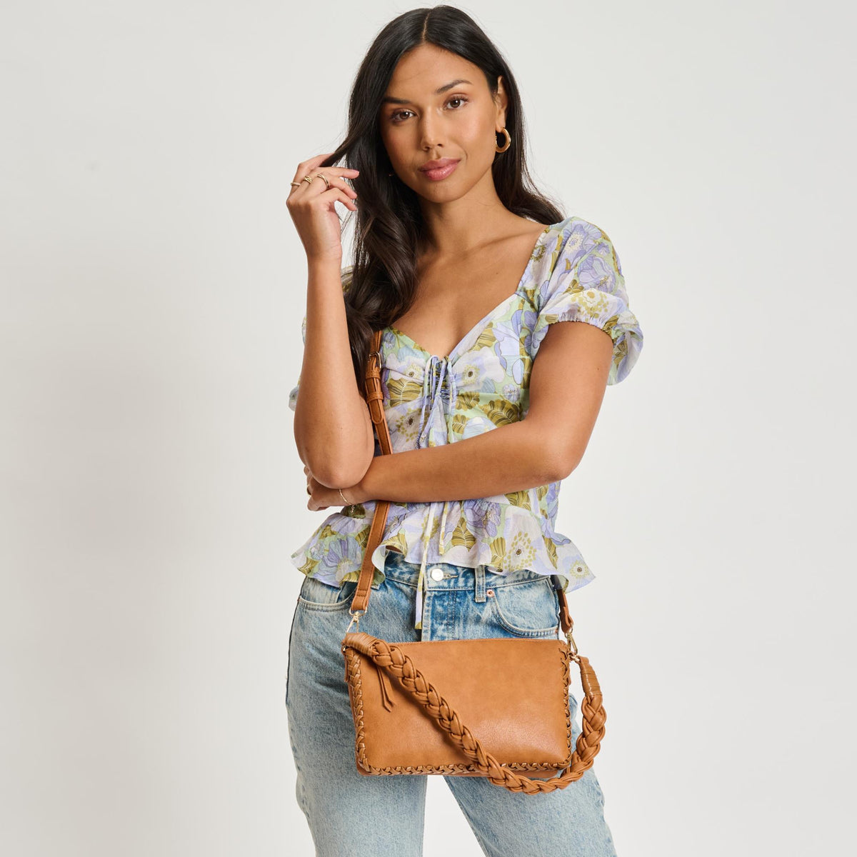 Woman wearing Tan Moda Luxe Velveta Crossbody 842017135364 View 3 | Tan