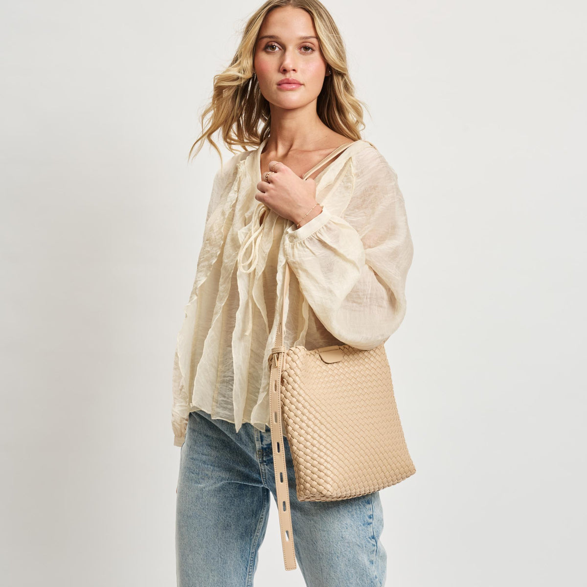 Woman wearing Natural Moda Luxe Isadora Bucket 842017137368 View 2 | Natural