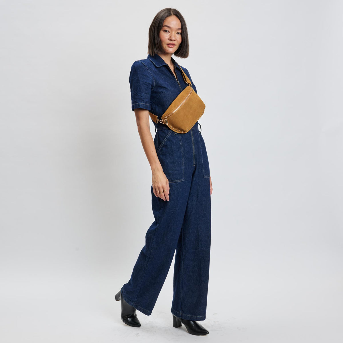 Woman wearing Tan Moda Luxe Gizelle-Suede Belt Bag 842017139676 View 4 | Tan