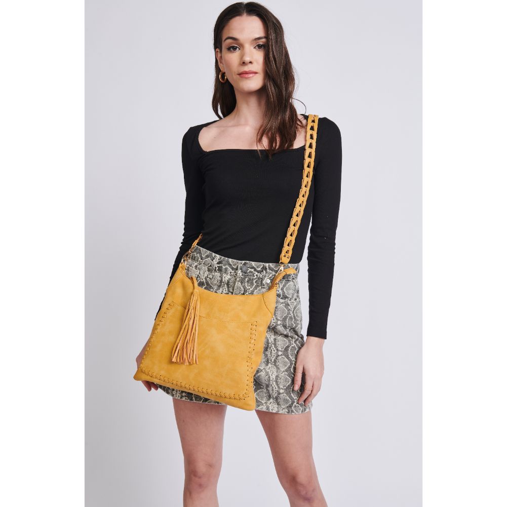Woman wearing Mustard Moda Luxe Layla Crossbody 842017129516 View 1 | Mustard