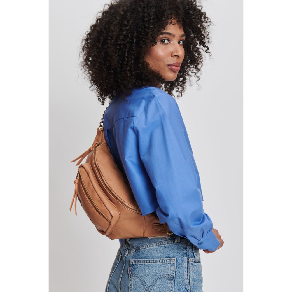 Woman wearing Camel Moda Luxe Samira Belt Bag 842017132752 View 2 | Camel