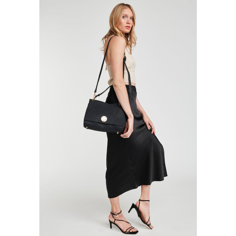 Woman wearing Black Moda Luxe Camila Snake Satchel 842017121626 View 3 | Black