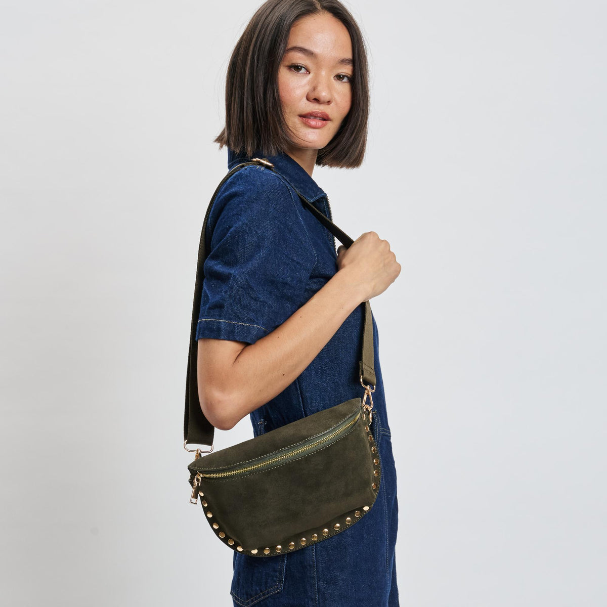 Woman wearing Olive Moda Luxe Gizelle-Suede Belt Bag 842017139690 View 1 | Olive