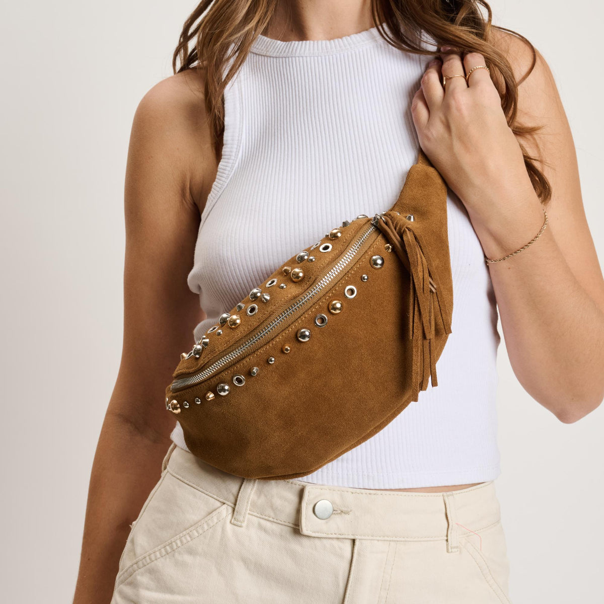 Woman wearing Cognac Moda Luxe Star Belt Bag 842017140597 View 1 | Cognac