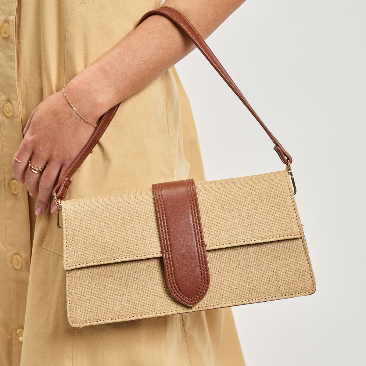 Woman wearing Natural Tan Moda Luxe Violet - Straw Crossbody 842017142133 View 1 | Natural Tan