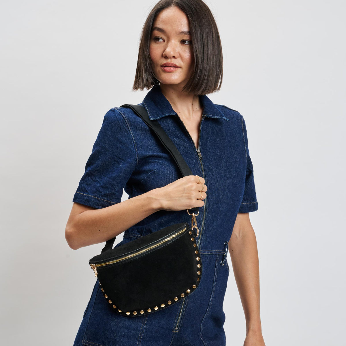 Woman wearing Black Moda Luxe Gizelle-Suede Belt Bag 842017139706 View 1 | Black