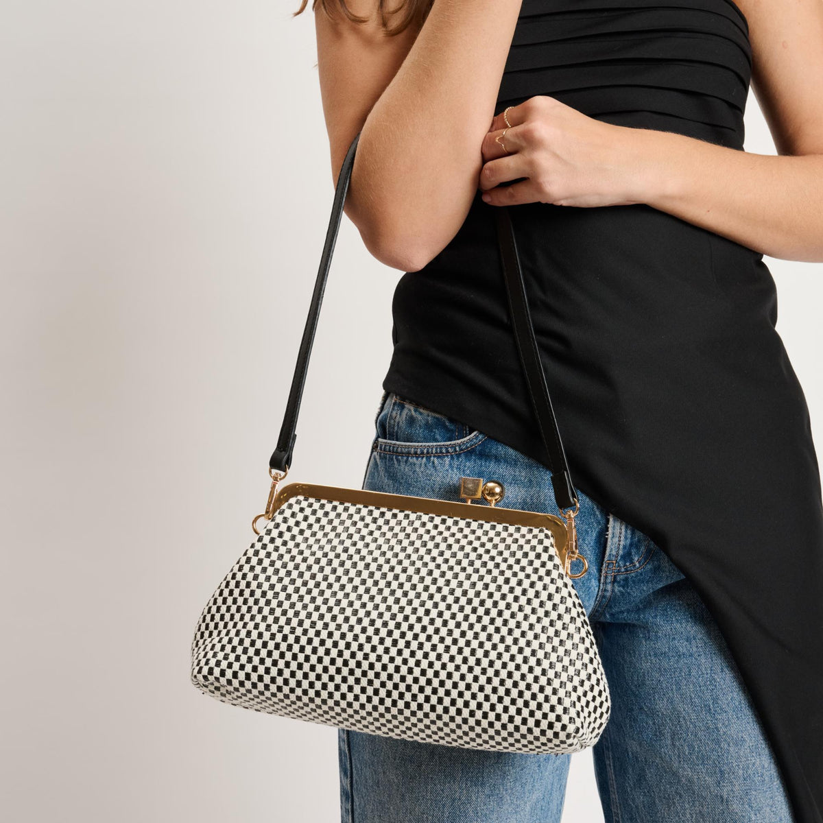 Woman wearing Black White Moda Luxe Bianca Clutch 842017141433 View 1 | Black White