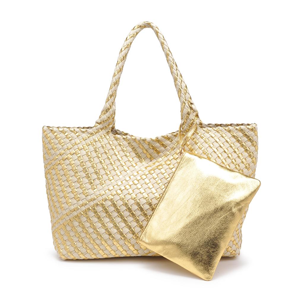 Woman wearing Gold Ivory Moda Luxe Solana - Mixed Material Tote 842017136873 View 5 | Gold Ivory