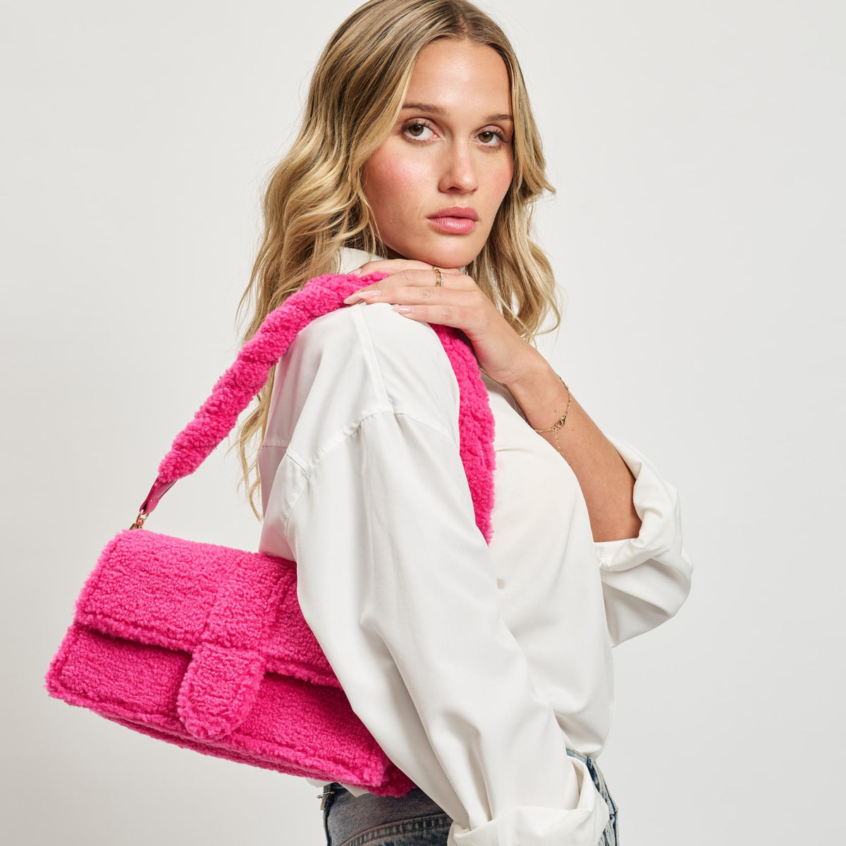 Woman wearing Hot Pink Moda Luxe Fergie Crossbody 842017133704 View 3 | Hot Pink