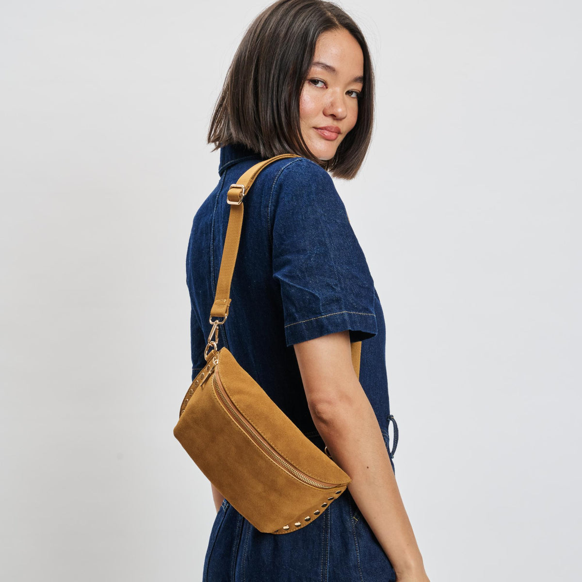 Woman wearing Tan Moda Luxe Gizelle-Suede Belt Bag 842017139676 View 2 | Tan