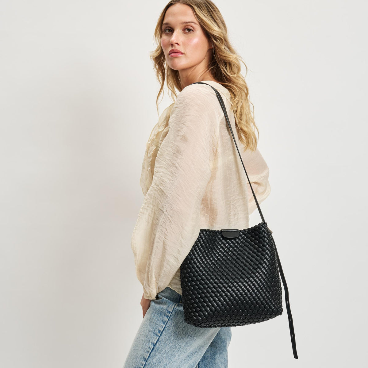 Woman wearing Black Moda Luxe Isadora Bucket 842017137320 View 2 | Black