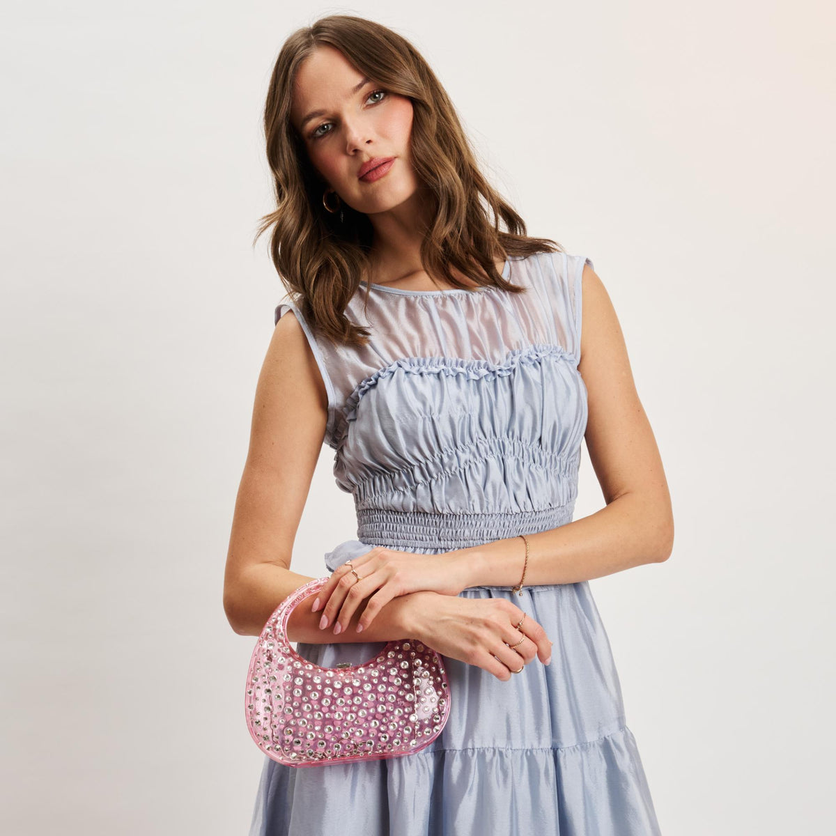 Woman wearing Pink Moda Luxe Vianca Evening Bag 842017133988 View 2 | Pink