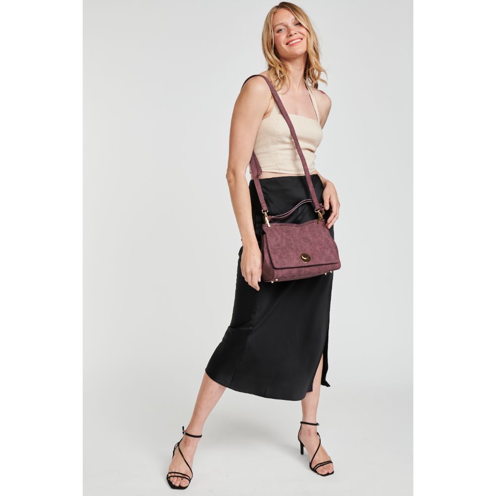 Woman wearing Oxblood Moda Luxe Camila Snake Satchel 842017121633 View 3 | Oxblood