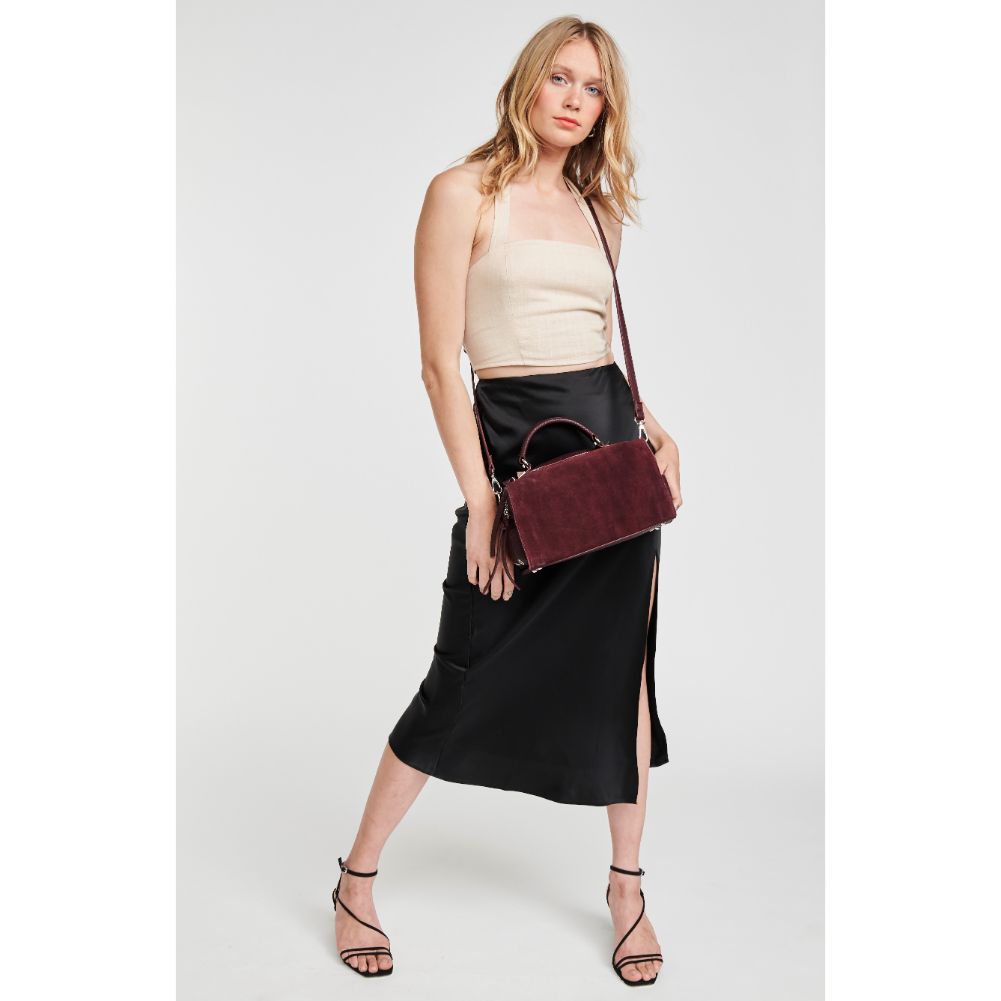 Woman wearing Burgundy Moda Luxe Hudson Satchel 842017115632 View 3 | Burgundy