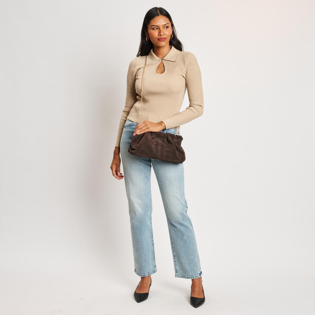 Woman wearing Chocolate Moda Luxe Penelope Shoulder Bag 842017139126 View 3 | Chocolate