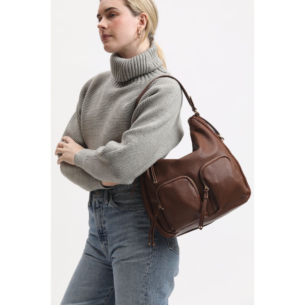 Woman wearing Chocolate Moda Luxe Marla Hobo 842017134053 View 3 | Chocolate