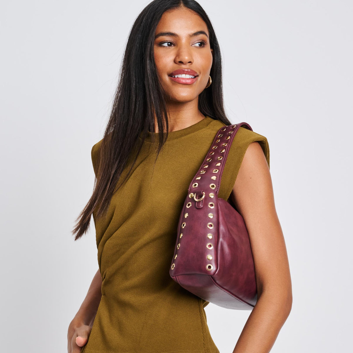 Woman wearing Burgundy Moda Luxe Jane Clutch 842017136767 View 3 | Burgundy