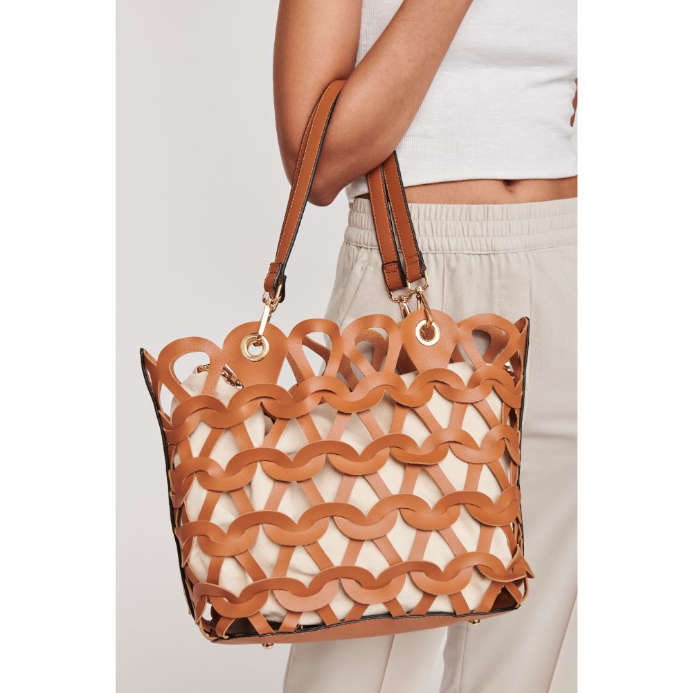 Woman wearing Tan Moda Luxe Paige Tote 842017120162 View 1 | Tan