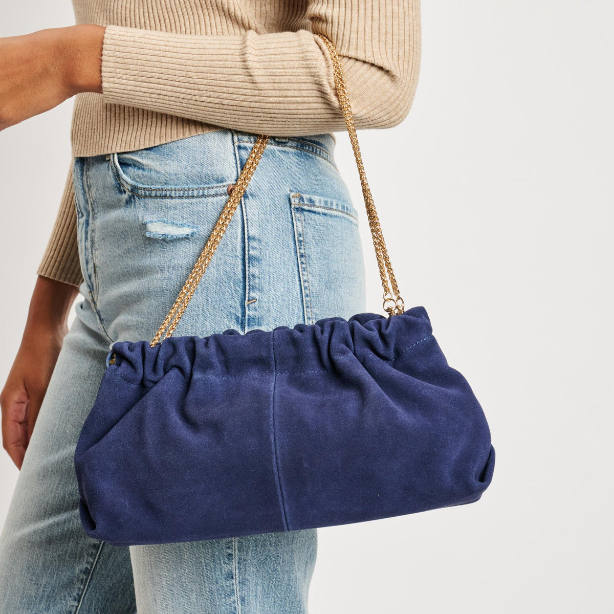 Woman wearing Navy Moda Luxe Penelope Shoulder Bag 842017139157 View 1 | Navy