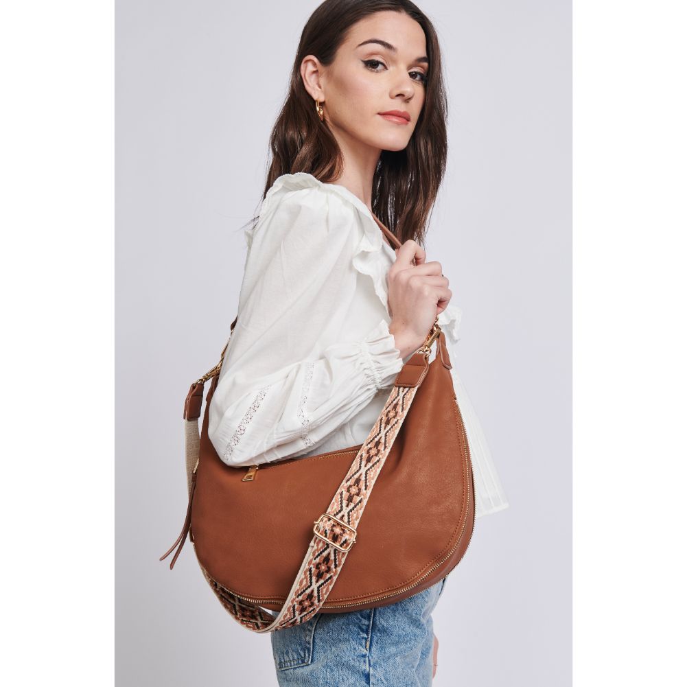 Woman wearing Cognac Moda Luxe Ruby Hobo 842017129370 View 1 | Cognac