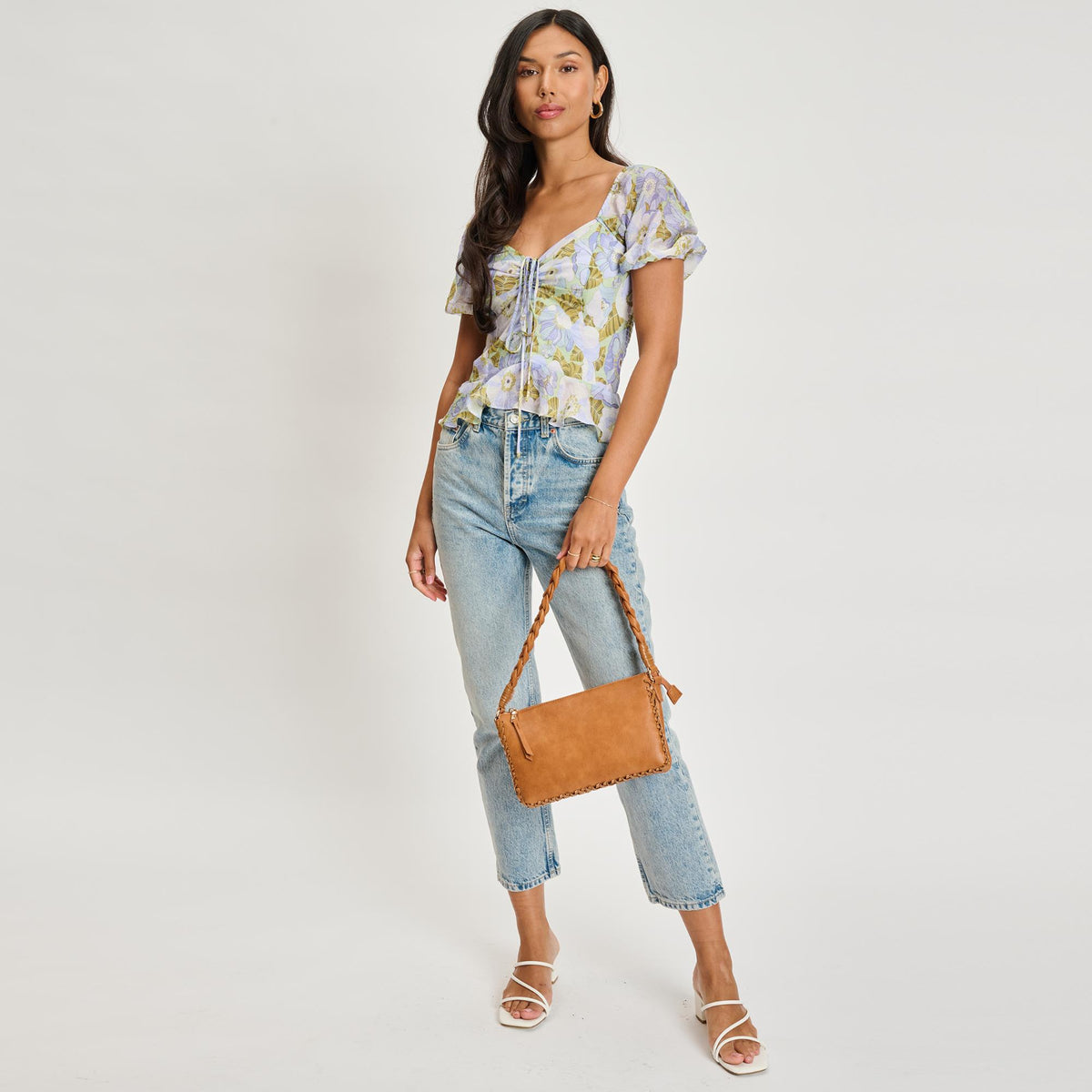 Woman wearing Tan Moda Luxe Velveta Crossbody 842017135364 View 2 | Tan