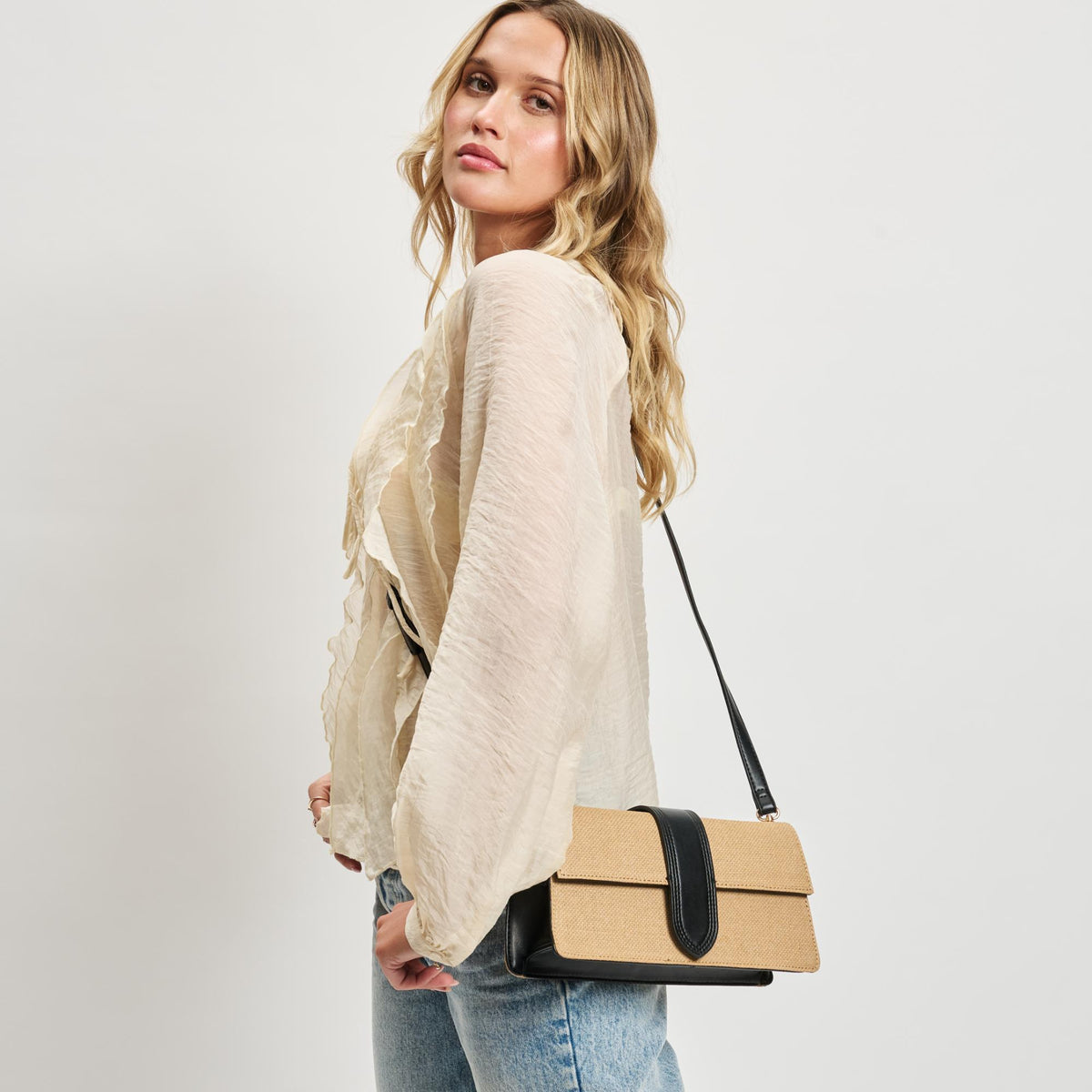 Woman wearing Natural Black Moda Luxe Violet - Straw Crossbody 842017142126 View 3 | Natural Black