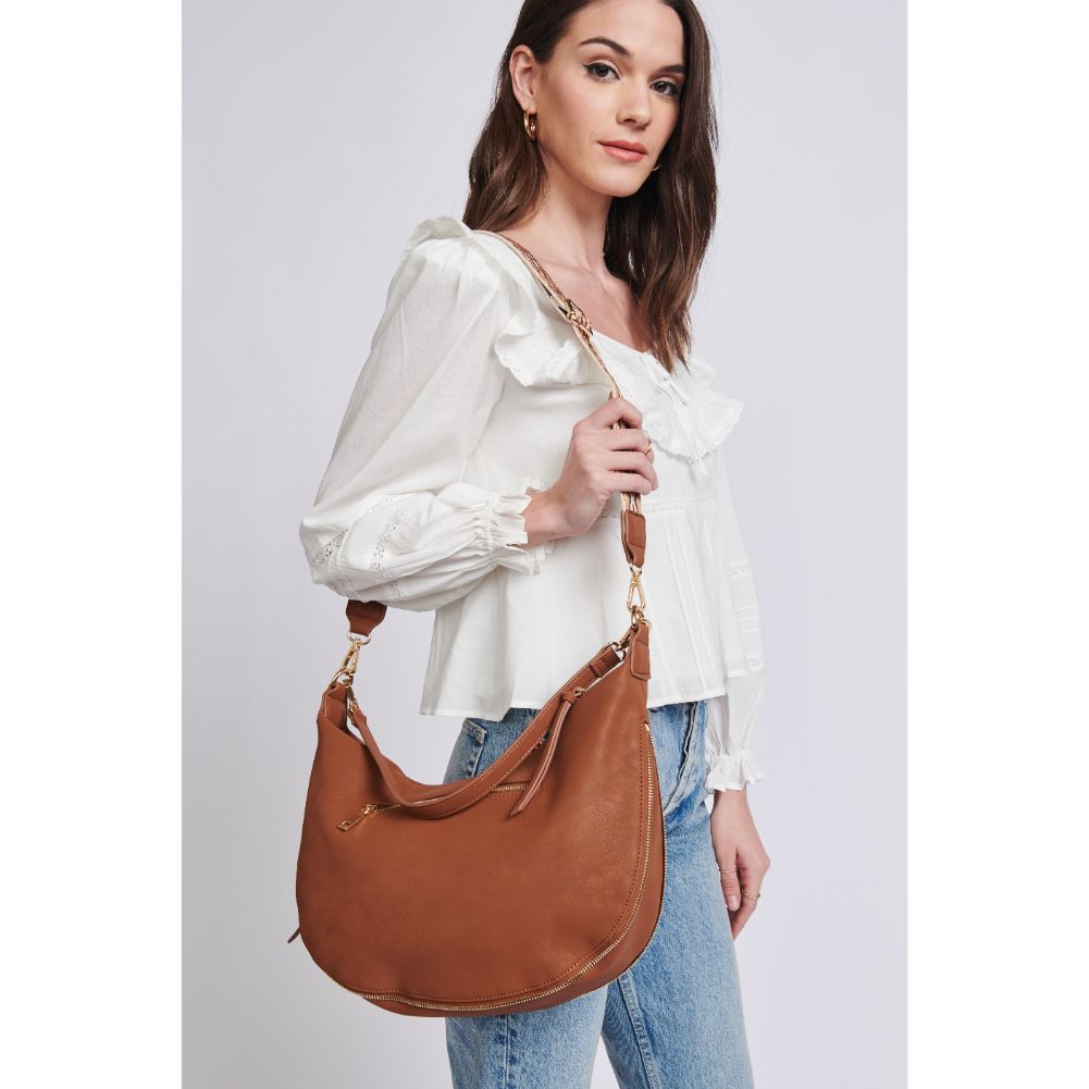 Woman wearing Cognac Moda Luxe Ruby Hobo 842017129370 View 4 | Cognac