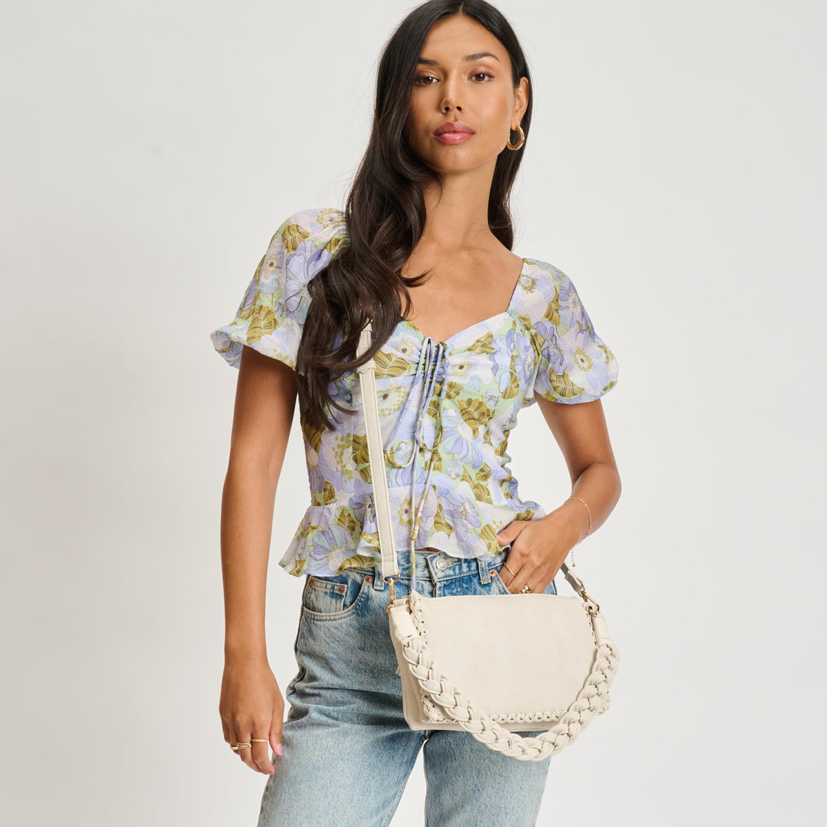 Woman wearing Ivory Moda Luxe Velveta Crossbody 842017135371 View 2 | Ivory