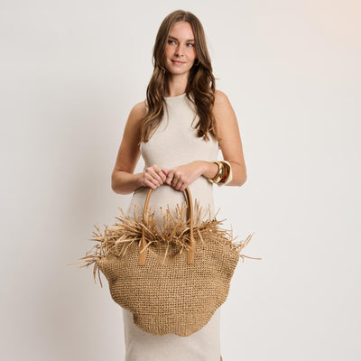 Woman wearing Natural Moda Luxe Petra Tote 842017140672 View 1 | Natural