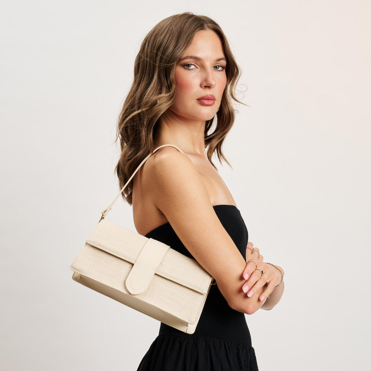 Woman wearing Ivory Moda Luxe Violet - Straw Monotone Crossbody 842017140139 View 1 | Ivory