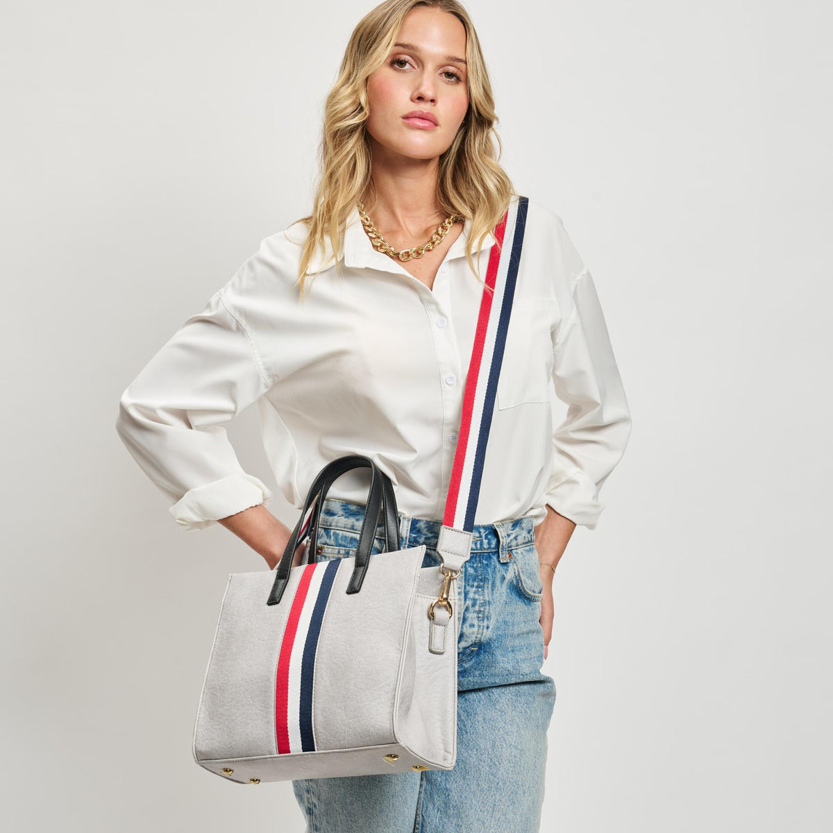 Woman wearing Dove Grey Moda Luxe Jasmine Mini Tote 842017126997 View 3 | Dove Grey