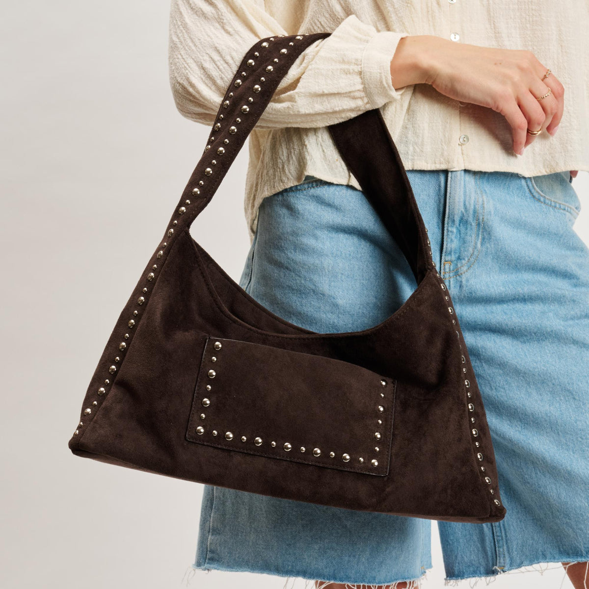 Woman wearing Chocolate Moda Luxe Dahlia Hobo 842017140665 View 3 | Chocolate